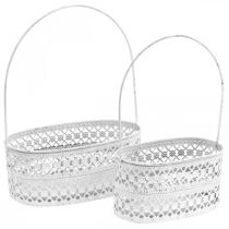 Metal basket oval, decorative vessel for planting white, silver vintage look L17 / 22cm H25 / 28cm set of 2