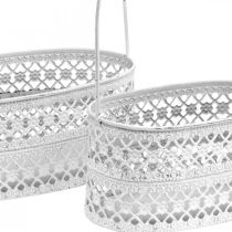 Metal basket oval, decorative vessel for planting white, silver vintage look L17 / 22cm H25 / 28cm set of 2