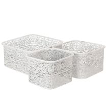 Product Metal bowls with lace pattern, decorative container, square, shabby chic, white, 27/23/19cm, H13.5cm, set of 3