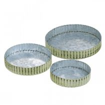 Metal plates for decorating, table decoration, candle tray round silver, green shabby chic Ø14/16.5/19.5 cm H3.5 cm set of 3