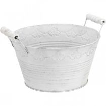 Metal vessel, decorative bowl with pattern, plant pot with wooden handles white, silver Ø21.5cm H14.5cm W24.5cm