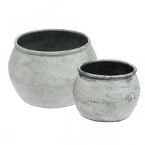 Round metal pot, decorative vessel, plant bowl silver, washed white, antique look Ø25.5 / 18cm H17 / 13cm, set of 2