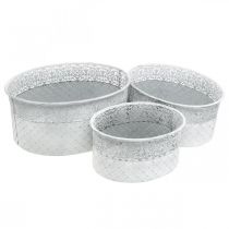 Bowl for planting, metal vessel with lace pattern, oval decorative pot, white, silver Shabby Chic L41.5 / 35 / 29.5cm H19 / 16 / 14.5cm set of 3