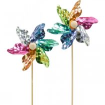 Mini pinwheel, party decoration, windmill on a stick, colourful, decoration for the garden, flower plugs Ø8.5cm 12 pieces