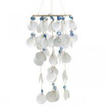 Mobile seashells wind chimes maritime decoration for hanging white, blue 46cm