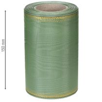 Product Moiré wreath ribbon sage green with gold edge, 150mm x 25m, decorative ribbon for floristry and wreaths
