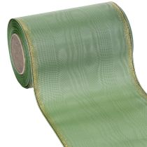 Product Moiré wreath ribbon sage green with gold edge, 150mm x 25m, decorative ribbon for floristry and wreaths