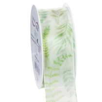 Product Organza ribbon, chiffon ribbon, green with leaf tendrils, 40mm wide, 15m long
