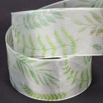 Product Organza ribbon, chiffon ribbon, green with leaf tendrils, 40mm wide, 15m long