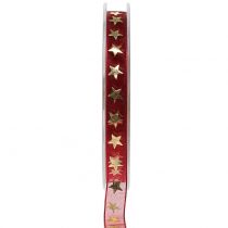 Product Organza Ribbon Dark Red with Gold Stars 10mm 20m