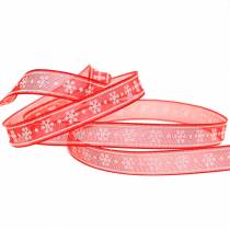 Organza ribbon with snowflake red 10mm 20m