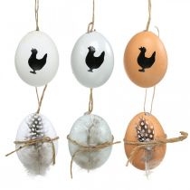 Easter decorations, chicken eggs to hang, decorative eggs feather and chicken, brown, blue, white set of 6