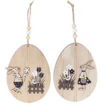 Product Hanging Easter eggs, wooden egg with rabbit, natural white, 10cm, 6 pieces