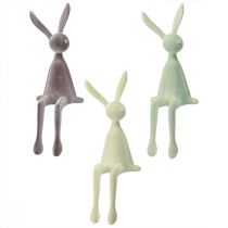 Product Easter Bunny Decoration, Sitting Bunnies, Flocked, Green/Brown, 36cm, 3 Pieces