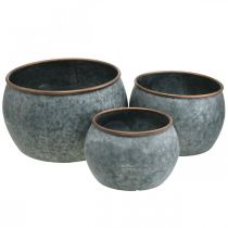 Decorative pot, planter bowl, metal vessel silver, copper-colored antique look H22 / 20.5 / 16.5cm Ø39 / 30.5 / 25cm set of 3