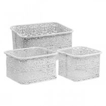 Metal bowls lace pattern, square decorative vessel, shabby chic, white 27/23/19cm H13.5cm set of 3