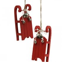 Deco sled wood red with bell cord L13cm 4pcs