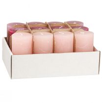 Product Pillar candle set, pink &amp; berry colors, rustic look, 50x100mm, 12 pieces - wedding decoration, table decoration, romantic evenings