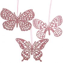 Decoration hanger butterfly pink glitter10cm 6pcs