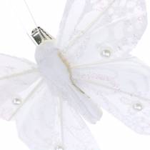 Feather butterfly on clip white 10 cm 12 pcs
