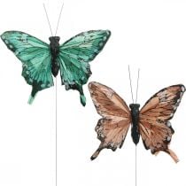 Decorative butterflies, spring decoration, feather butterflies, plant plugs green, brown 9.5×12.5cm 12pcs