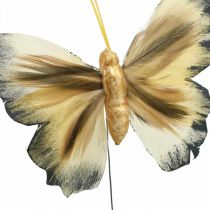 Deco butterfly, spring decoration, moth on wire brown, yellow, white 6×9cm 12pcs