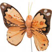 Feather butterflies, decorative butterflies on a stick, flower plugs pink, orange, violet, brown, blue, beige 6×8cm 12pcs
