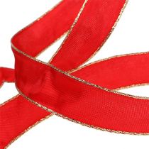 Red silk ribbon with gold edge 25mm 25m