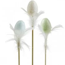 Artificial Easter eggs on a stick pastel decoration egg with feathers H4cm 18pcs