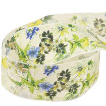 Product Fabric Ribbon with Flowers Decorative Ribbon Green Blue Yellow 40mm 15m