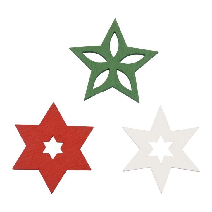 Product Scatter decoration Christmas wooden stars red/white/green Ø3.5cm 72pcs