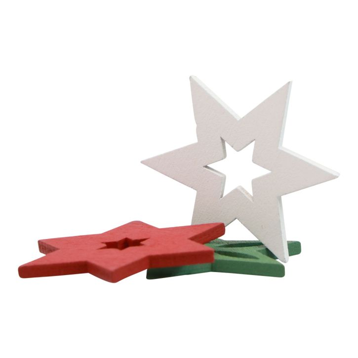 Product Scatter decoration Christmas wooden stars red/white/green Ø3.5cm 72pcs