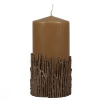 Product Pillar candle with branch decoration, wax, brown caramel, 150/70mm