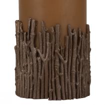 Product Pillar candle with branch decoration, wax, brown caramel, 150/70mm
