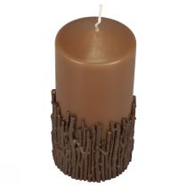 Product Pillar candle with branch decoration, wax, brown caramel, 150/70mm