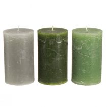 Product Pillar candle set, 3 colors, green, solid-colored candles, table decoration, 70x120mm, 12 pieces