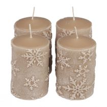 Pillar candles beige candles snowflakes 100/65mm 4pcs