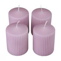Product Pillar candles lilac grooved candles decoration 70/90mm 4pcs