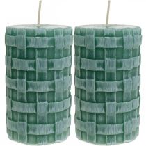 Product Candles with braided pattern, pillar candles Rustic green, candle decoration 110/65 2pcs