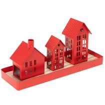 Product Metal Tealight Holder Houses Red with Tray 35cm 1 Set