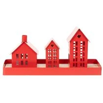 Product Metal Tealight Holder Houses Red with Tray 35cm 1 Set