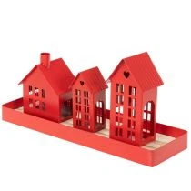 Product Metal Tealight Holder Houses Red with Tray 35cm 1 Set