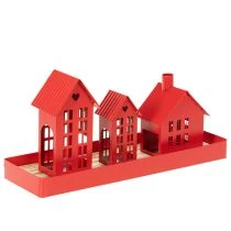 Product Metal Tealight Holder Houses Red with Tray 35cm 1 Set