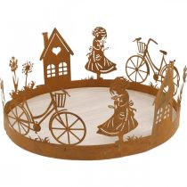 Decorative tray girl with flower, metal decoration with bicycle house dandelion patina Ø24cm H11cm