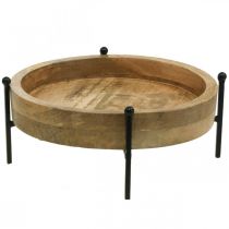 Tray with feet, wooden decoration round, tray for planting natural, black Ø25cm H11cm