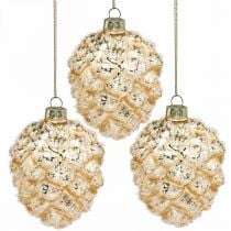 Cones to hang, tree decorations, snow-covered decorative cones Golden H9.5cm Ø8cm real glass 3pcs