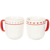 Product Coffee mug with red handle, knitted pattern and heart decoration, ceramic, 9cm, 2 pieces