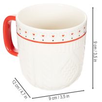Product Coffee mug with red handle, knitted pattern and heart decoration, ceramic, 9cm, 2 pieces