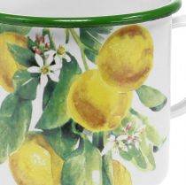 Enamel planter cup, decorative cup with lemon branch, Mediterranean planter Ø9.5cm H10cm
