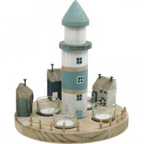 Lighthouse tea light holder blue, white 4 tea lights Ø25cm H28cm